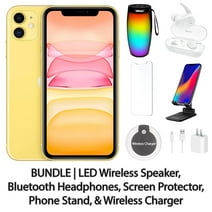 Restored Apple iPhone 11 64GB Yellow Fully Unlocked with LED Wireless Speaker, Bluetooth Headphones, Screen Protector, Wireless Charger, & Phone Stand (Refurbished)