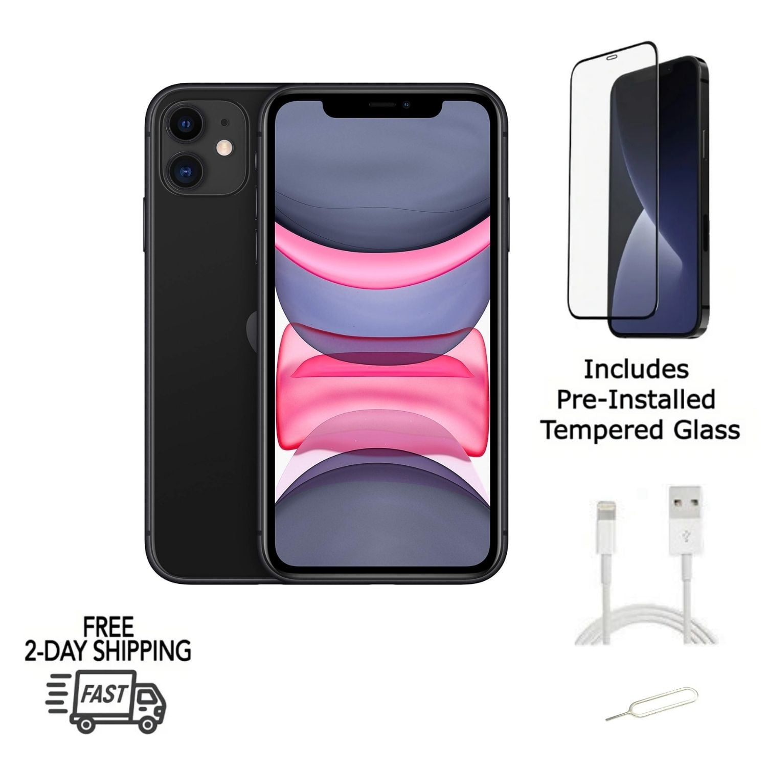 Restored Apple iPhone 11 (Fully Unlocked) 64GB Black (A2111) \u0026 Pre-Installed Tempered Glass (Refurbished)