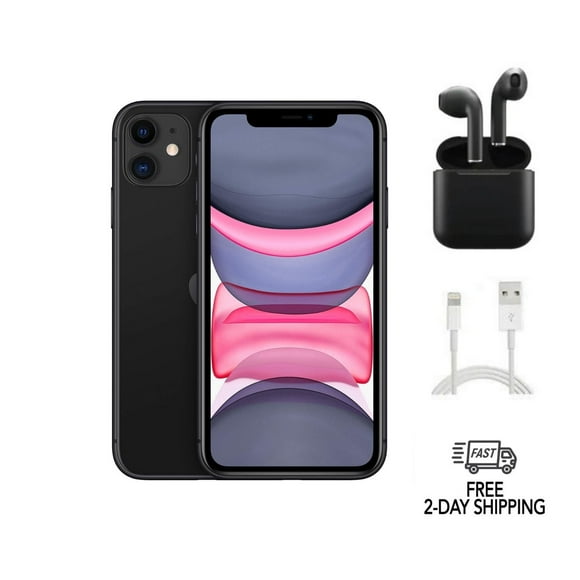 Restored Apple iPhone 11 (Fully Unlocked) 64GB Black (A2111) with Wireless Earbuds (Refurbished)