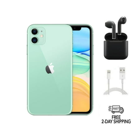 Restored Apple iPhone 11 (Fully Unlocked) 64GB Green (A2111) with Wireless Earbuds (Refurbished)