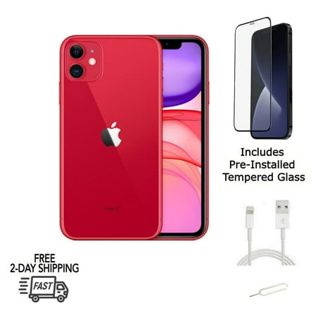 Restored Apple iPhone 11 (Fully Unlocked) 64GB Red (A2111) & Pre-Installed Tempered Glass (Refurbished)