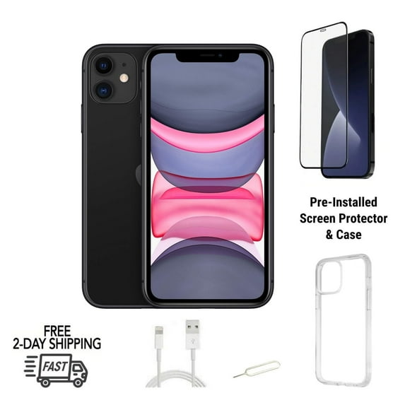 Restored Apple iPhone 11 (Unlocked) 256GB Black with Case, Tempered Glass Screen Protector (Refurbished)