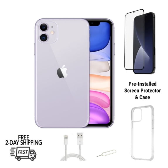 Restored Apple iPhone 11 (Unlocked) 256GB Purple with Case, Tempered Glass Screen Protector (Refurbished)