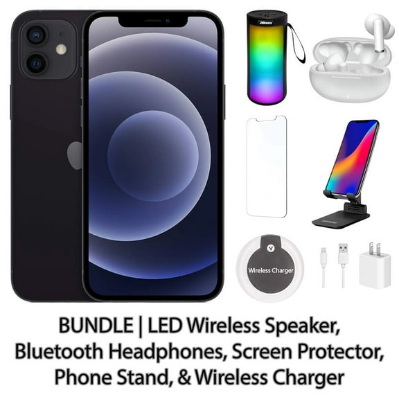 Restored Apple iPhone 12 256GB Black Fully Unlocked Bundle: LED Wireless Speaker, Bluetooth Headphones, Screen Protector, Wireless Charger, & Phone Stand (Refurbished)