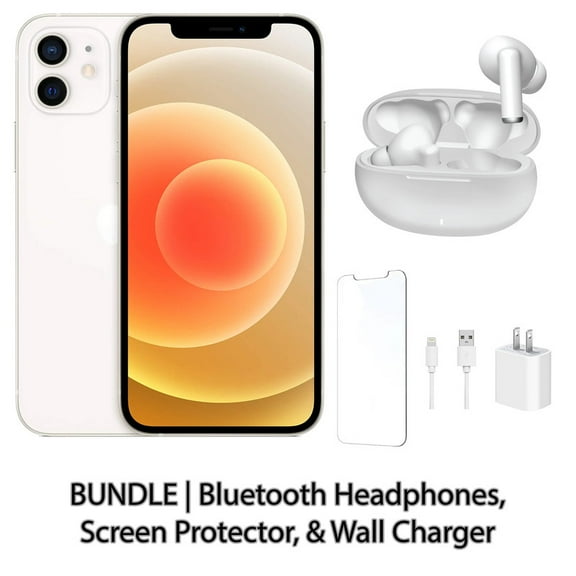 Restored Apple iPhone 12 256GB White Fully Unlocked Bundle: Bluetooth Headphones, Screen Protector, & Wall Charger (Refurbished)
