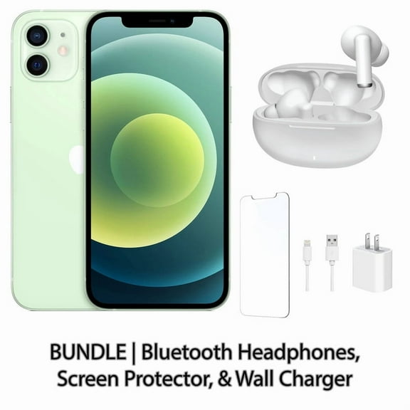 Restored Apple iPhone 12 64GB Green Fully Unlocked Bundle: Bluetooth Headphones, Screen Protector, & Wall Charger (Refurbished)