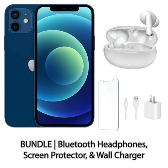 Restored Apple iPhone 12 64GB Blue Fully Unlocked Bundle: Bluetooth Headphones, Screen Protector, & Wall Charger (Refurbished)