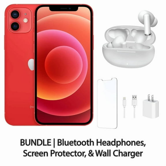 Restored Apple iPhone 12 64GB Red Fully Unlocked Bundle: Bluetooth Headphones, Screen Protector, & Wall Charger (Refurbished)