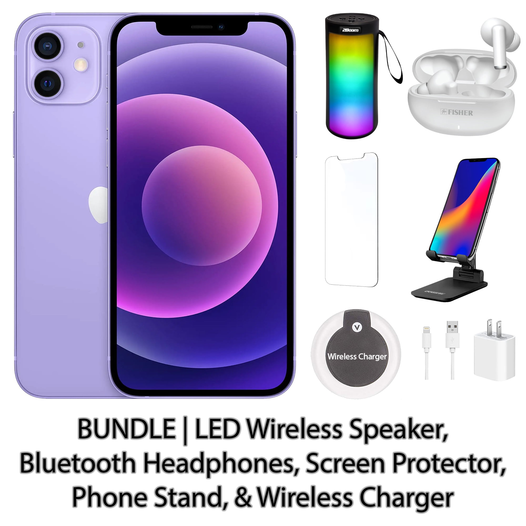 Restored Apple iPhone 12 64GB Purple Fully Unlocked Bundle: LED Wireless  Speaker, Bluetooth Headphones, Screen Protector, Wireless Charger, & Phone  ...