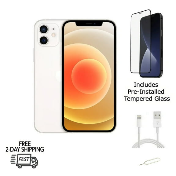 Restored Apple iPhone 12 (Fully Unlocked) 128GB White (A2172) Bundle with Pre-Installed Tempered Glass (Refurbished)