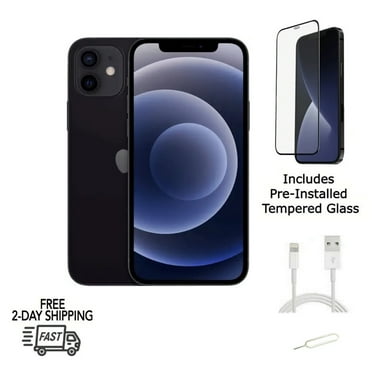 Restored Apple iPhone 12 (Fully Unlocked) 256GB Black (A2172) Bundle with Pre-Installed Tempered Glass (Refurbished)