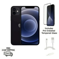 Restored Apple iPhone 12 (Fully Unlocked) 64GB Black (A2172) Bundle with Pre-Installed Tempered Glass (Refurbished)
