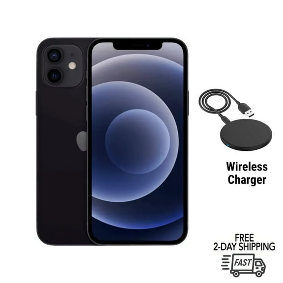Restored Apple iPhone 12 (Fully Unlocked) 64GB Black (A2172) Bundle with Wireless Charger (Refurbished)