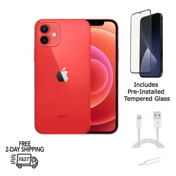 Restored Apple iPhone 12 Mini (Fully Unlocked) 128GB Red (A2176) Bundle with Pre-Installed Tempered Glass (Refurbished)