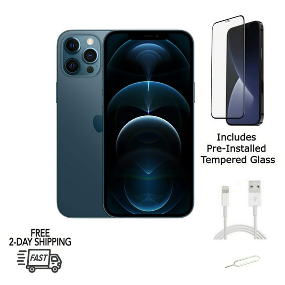 Restored Apple iPhone 12 Pro (Unlocked) 128GB Pacific Blue (A2341) Bundle with Pre-Installed Tempered Glass (Refurbished)