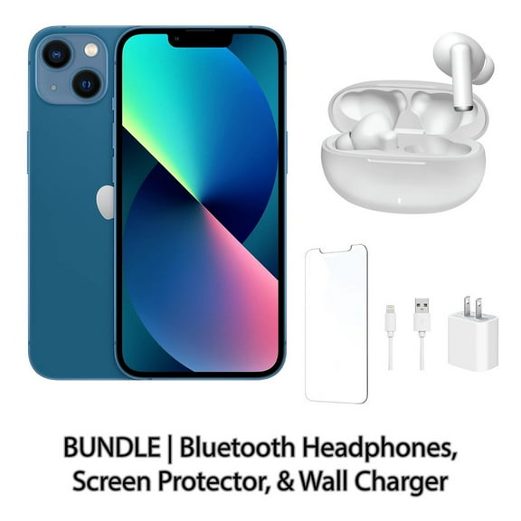 Restored Apple iPhone 13 128GB Blue Fully Unlocked Bundle: Bluetooth Headphones, Screen Protector, & Wall Charger (Refurbished)