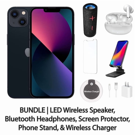 Restored Apple iPhone 13 128GB Midnight Fully Unlocked Bundle: LED Wireless Speaker, Bluetooth Headphones, Screen Protector, Wireless Charger, & Phone Stand (Refurbished)
