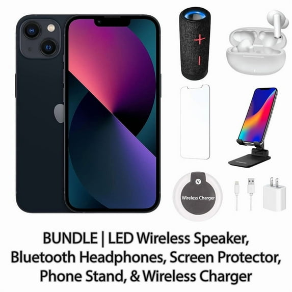 Restored Apple iPhone 13 128GB Midnight Fully Unlocked Bundle: LED Wireless Speaker, Bluetooth Headphones, Screen Protector, Wireless Charger, & Phone Stand (Refurbished)