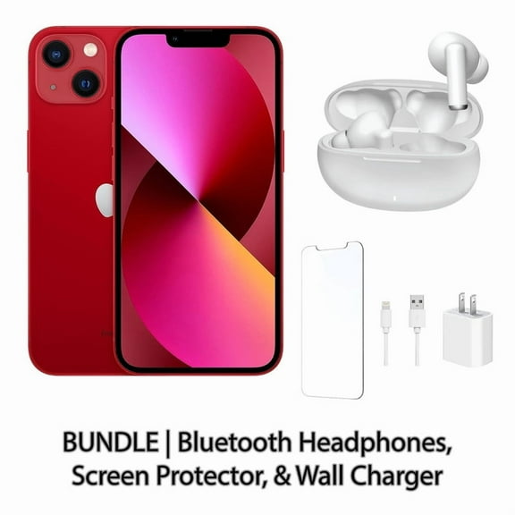 Restored Apple iPhone 13 128GB Red Fully Unlocked Bundle: Bluetooth Headphones, Screen Protector, & Wall Charger (Refurbished)