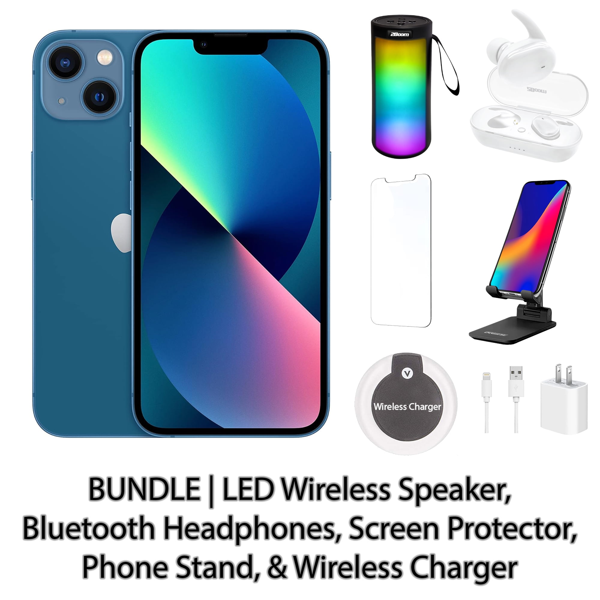 Restored Apple iPhone 13 256GB Blue Fully Unlocked Bundle: LED Wireless Speaker, Bluetooth Headphones, Screen Protector, Wireless Charger, & Phone Restored Apple iPhone 13 256GB Blue Fully Unlocked Bundle: LED Wireless Speaker, Bluetooth Headphones, Screen Protector, Wireless Charger, & Phone