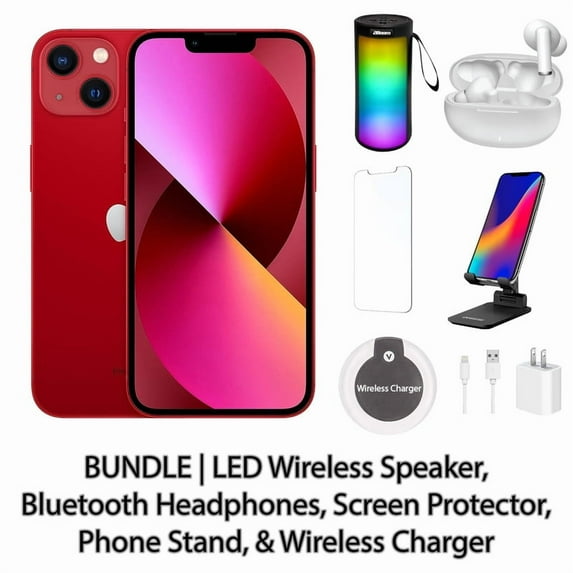 Restored Apple iPhone 13 512GB Red Fully Unlocked Bundle: LED Wireless Speaker, Bluetooth Headphones, Screen Protector, Wireless Charger, & Phone Stand (Refurbished)
