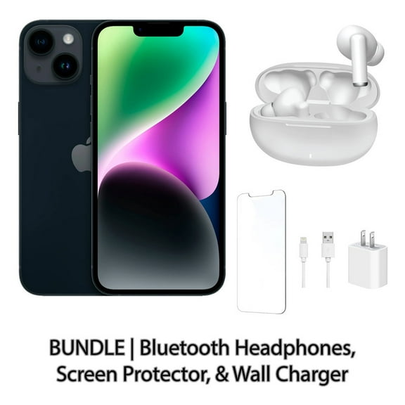 Restored Apple iPhone 14 128GB Midnight Fully Unlocked Bundle: Bluetooth Headphones, Screen Protector, & Wall Charger (Refurbished)