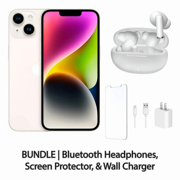 Restored Apple iPhone 14 128GB Starlight Fully Unlocked Bundle: Bluetooth Headphones, Screen Protector, & Wall Charger (Refurbished)