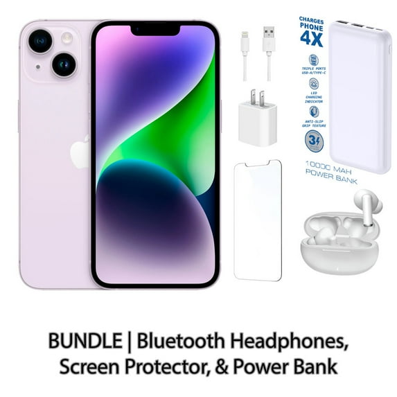 Restored Apple iPhone 14 256GB Purple Fully Unlocked Bundle with 10,000 mAh Powerbank & Bluetooth Headphones (Refurbished)