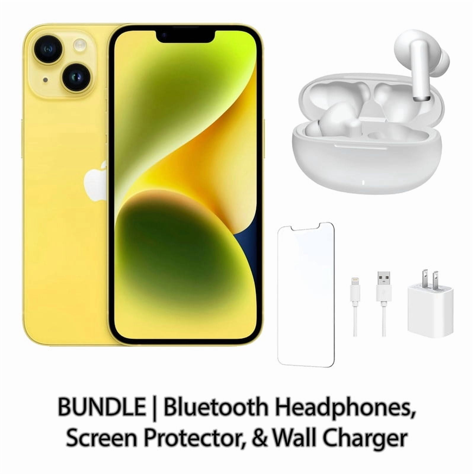 Restored Apple iPhone 14 256GB Yellow Fully Unlocked Bundle: Bluetooth Headphones, Screen Protector, & Wall Charger (Refurbished)