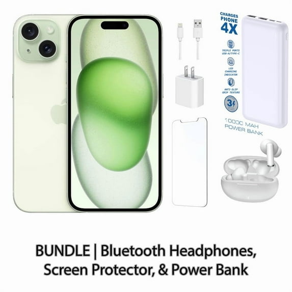 Restored Apple iPhone 15 128GB Green Fully Unlocked Bundle with 10,000 mAh Powerbank & Bluetooth Headphones (Refurbished)