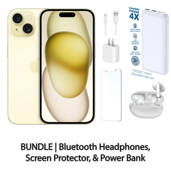 Restored Apple iPhone 15 128GB Yellow Fully Unlocked Bundle with 10,000 mAh Powerbank & Bluetooth Headphones (Refurbished)