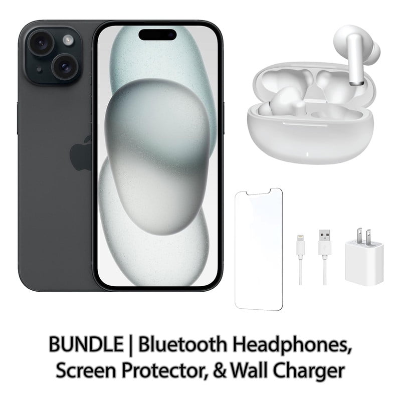 Restored Apple iPhone 15 256GB Black Fully Unlocked Bundle with Bluetooth Headphones, Screen Protector, & Wall Charger (Refurbished)