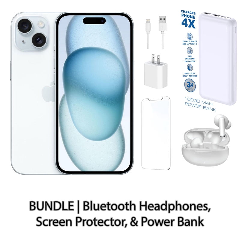 Restored Apple iPhone 15 256GB Blue Fully Unlocked Bundle with 10,000 mAh Powerbank & Bluetooth Headphones (Refurbished)