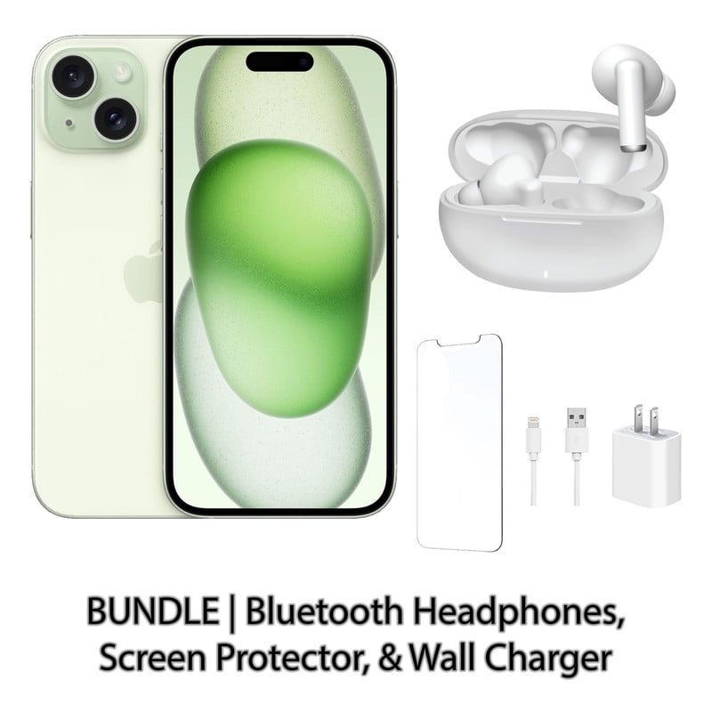 Restored Apple iPhone 15 256GB Green Fully Unlocked Bundle with Bluetooth Headphones, Screen Protector, & Wall Charger (Refurbished)