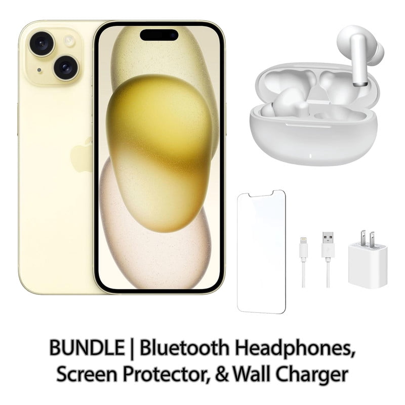 Restored Apple iPhone 15 256GB Yellow Fully Unlocked Bundle with Bluetooth Headphones, Screen Protector, & Wall Charger