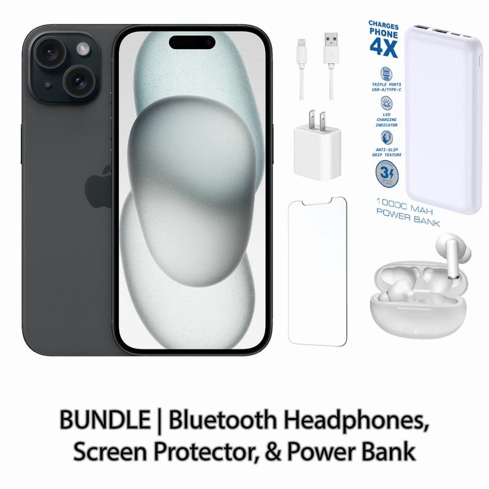 Restored Apple iPhone 15 512GB Black Fully Unlocked Bundle with 10,000 mAh Powerbank & Bluetooth Headphones (Refurbished)