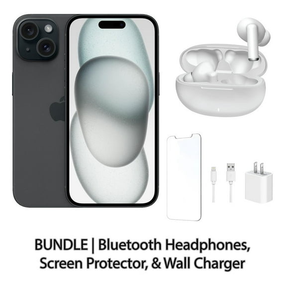 Restored Apple iPhone 15 512GB Black Fully Unlocked Bundle with Bluetooth Headphones, Screen Protector, & Wall Charger (Refurbished)