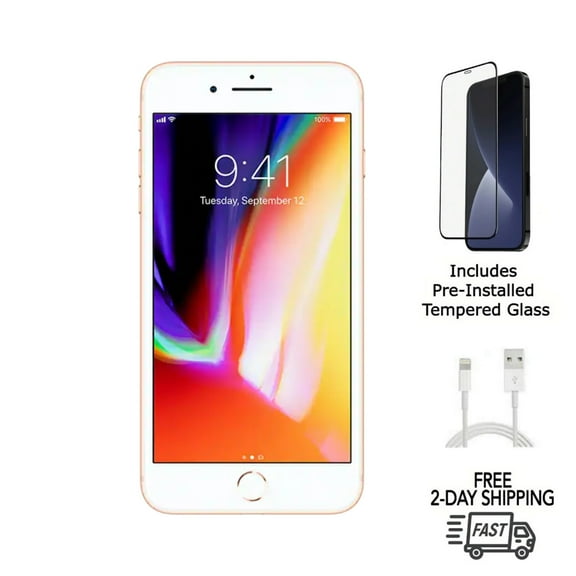 Restored Apple iPhone 8 Plus (Unlocked) 64GB Gold (A1864) Bundle with Pre-Installed Tempered Glass (Refurbished)