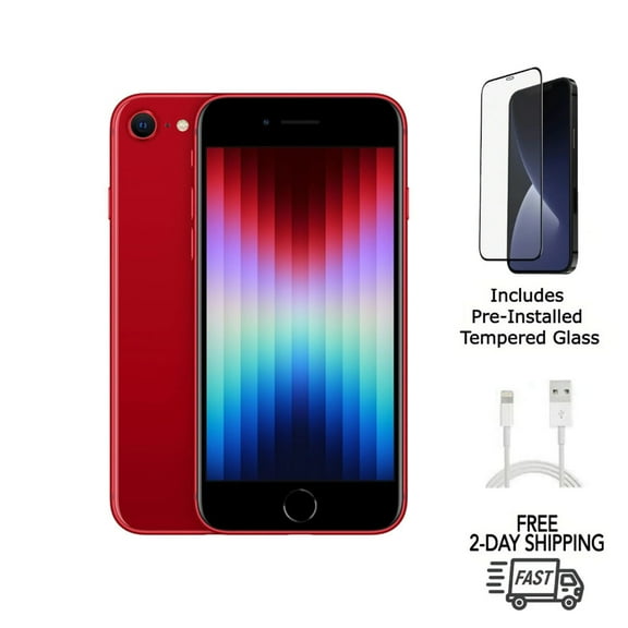 Restored Apple iPhone SE (3rd Gen) (Unlocked) 64GB Red (A2595) Bundle with Pre-Installed Tempered Glass (Refurbished)