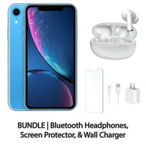 Restored Apple iPhone XR 128GB Blue Fully Unlocked Bundle: Bluetooth Headphones, Screen Protector, & Wall Charger (Refurbished)