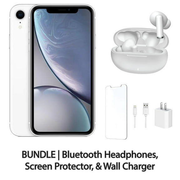 Restored Apple iPhone XR 128GB White Fully Unlocked Bundle: Bluetooth Headphones, Screen Protector, & Wall Charger (Refurbished)