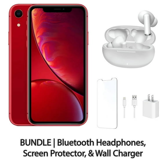 Restored Apple iPhone XR 128GB Red Fully Unlocked Bundle: Bluetooth Headphones, Screen Protector, & Wall Charger (Refurbished)