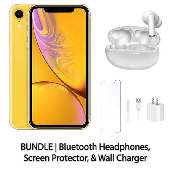 Restored Apple iPhone XR 128GB Yellow Fully Unlocked Bundle: Bluetooth Headphones, Screen Protector, & Wall Charger (Refurbished)