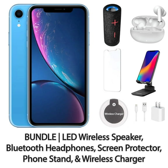 Restored Apple iPhone XR 64GB Blue Fully Unlocked Bundle: LED Wireless Speaker, Bluetooth Headphones, Screen Protector, Wireless Charger, & Phone Stand (Refurbished)