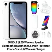 Restored Apple iPhone XR 64GB White Fully Unlocked with LED Wireless Speaker, Bluetooth Headphones, Screen Protector, Wireless Charger, & Phone Stand (Refurbished)