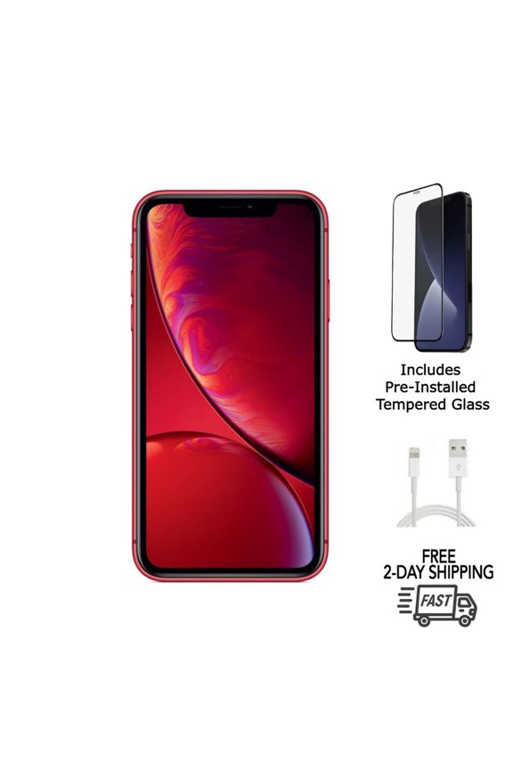 Restored Apple iPhone XR (Unlocked) 64GB Red (A1984) Bundle with Pre-Installed Tempered Glass (Refurbished)