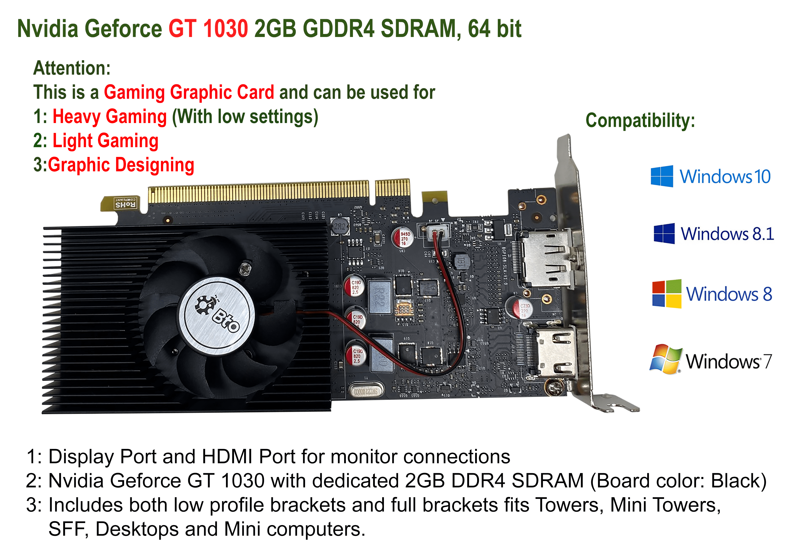 Restored BTO Gaming NVIDIA GeForce GT 1030 2GB DisplayPort HDMI PCIE Video Graphics Card Dual Monitor Support for Desktop / Tower (Refurbished)