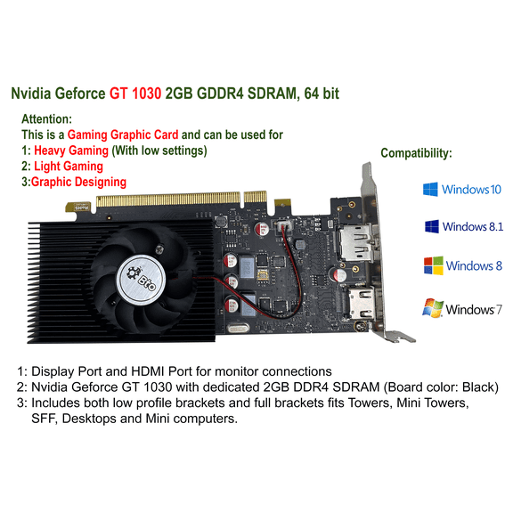 Restored BTO Gaming NVIDIA GeForce GT 1030 2GB DisplayPort HDMI PCIE Video Graphics Card Dual Monitor Support for Desktop / Tower (Refurbished)