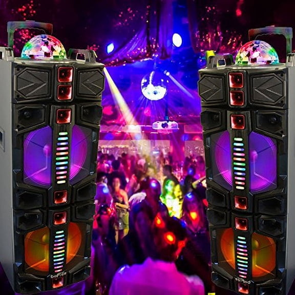 Restored BeFree Sound BFS-7777X Dual 12 Inch Subwoofer Bluetooth Portable Party Speaker With LED Lights, USB/ SD Input, Fm Radio, Remote Control And Wireless Microphone (Refurbished)