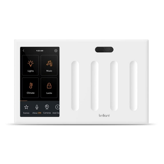 Restored Brilliant Smart Home Control (4Switch Panel) Alexa BuiltIn, Compatible with Ring, Sonos, Hue, Kasa/TPLink, Wemo, Apple HomeKit InWall Touchscreen Control for Lights, Music & More (Refurbished)
